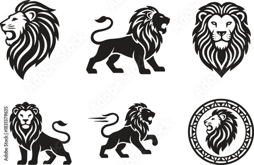 Lion illustrations, stylized mane designs, black and white line art, regal animal icons, profile and full-body poses, minimal vector pack