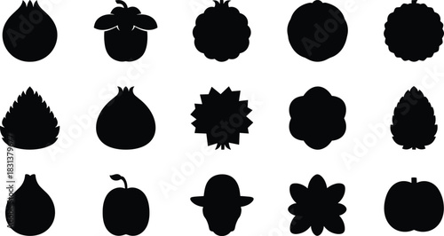 Fruit and vegetable silhouette icons, black contour shapes, healthy food symbols, abstract organic forms, editable vector set, isolated graphic elements