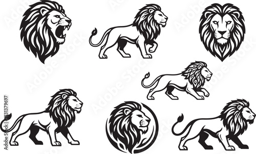 Lion silhouette collection, bold lion poses, roaring lion head, tribal lion art, majestic animal icons, vector emblem set, graphic symbols