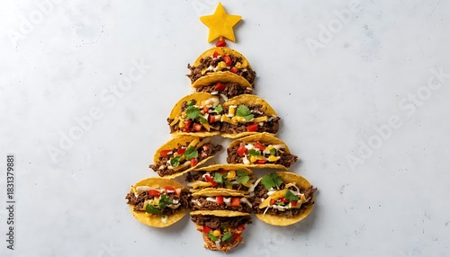 Delicious tacos arranged as a Christmas tree with a star topper. Creative holiday food idea for Christmas dinner or party. Festive snack.