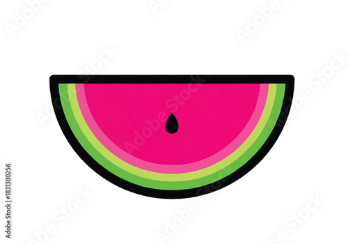 A vibrant slice of watermelon with a single black seed in the center.