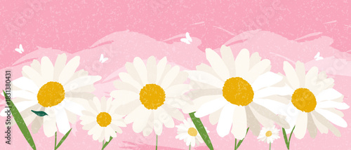 Horizontal spring banner vector illustration with large white daisies and butterflies on a textured pink background. Ideal for web headers, posters, and greeting cards.
