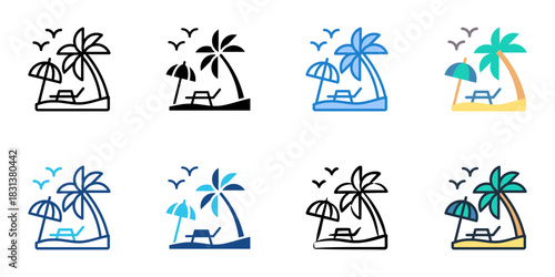Beach icon set multiple style vector collection. Editable Stroke
