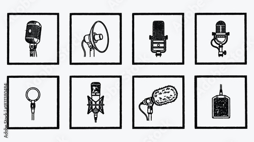 Set of different microphone styles in black and white art design