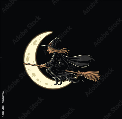 Halloween witch illustration, flying on broomstick, crescent moon backdrop, spooky night scene, black vector design, festive fantasy graphic element