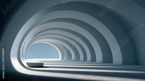 Wide header space with blue-white arc portal structure and soft professional lighting, modern minimal corporate gradient background for annual report, PPT, dashboard, UI interface, marketing