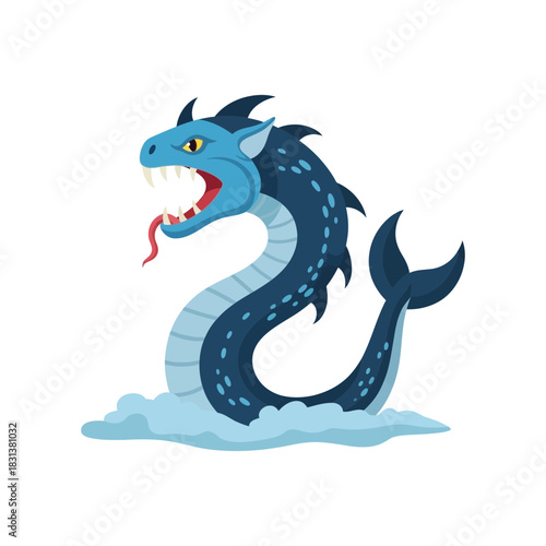 Blue sea serpent with open mouth and red tongue emerging from water.