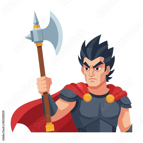 Cartoon warrior with red cape holding axe illustration.