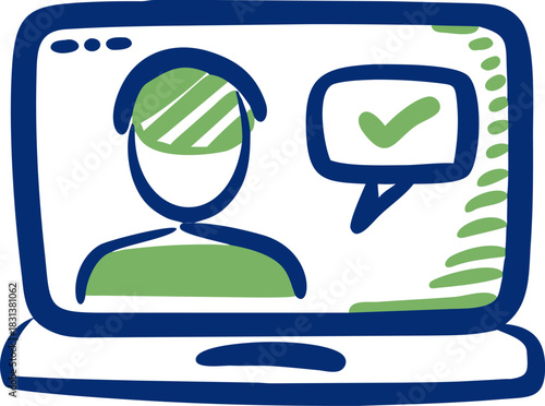 Virtual meeting vector icon showing remote communication with approval chat bubble and online interaction.