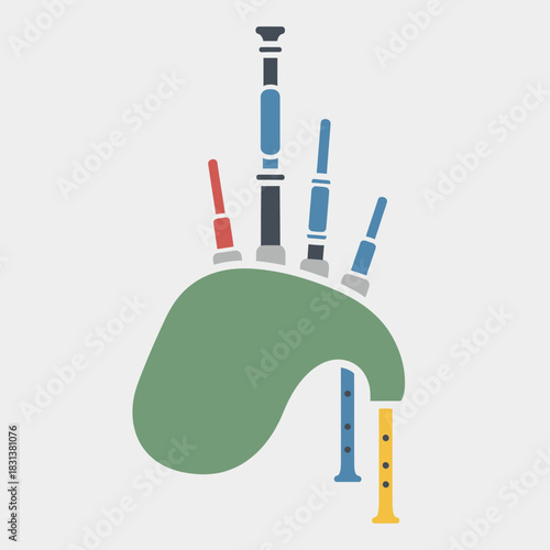 Bagpipes instrument with pipes and bag in green red blue black and yellow.