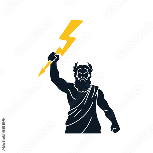 Illustration of a figure with horns holding a lightning bolt above its head.