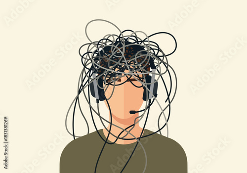 Person with tangled wires and headphones representing confused thoughts.