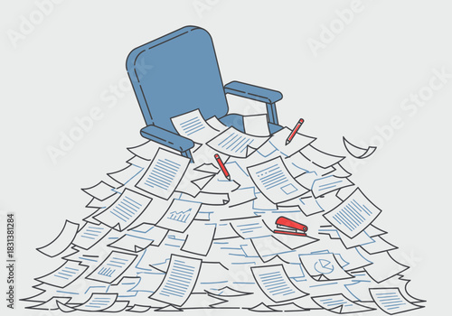 Office chair buried in a large pile of papers and pens.