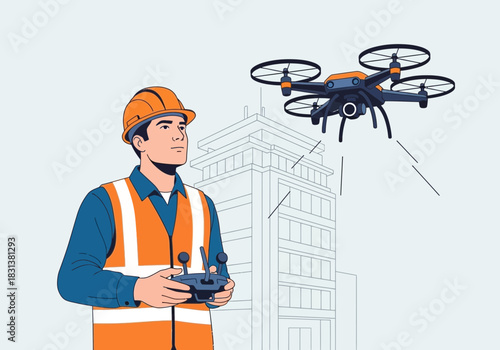 Construction worker controls a drone near a building.