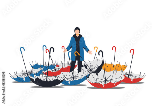 Person stands surrounded by many open umbrellas of various colors.