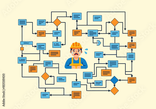 Confused worker in complex flowchart with decision points and tasks.