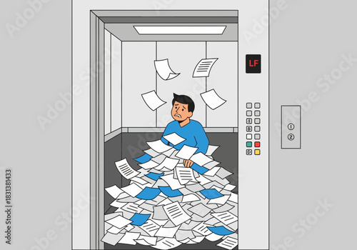 Man overwhelmed by falling papers inside an elevator.