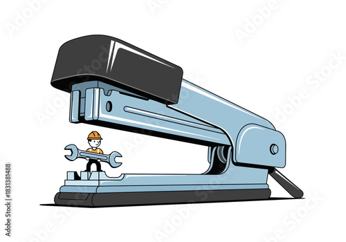 Tiny person with tools works on a large blue stapler.