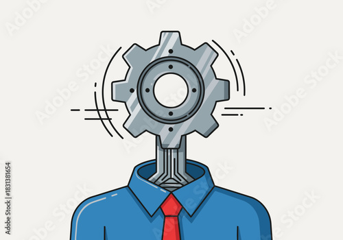 Humanoid figure with a gear for a head and a blue shirt.