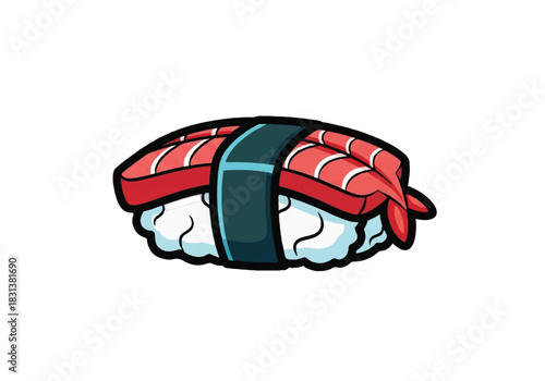 Delicious sushi nigiri with fresh tuna and seaweed band on white background.