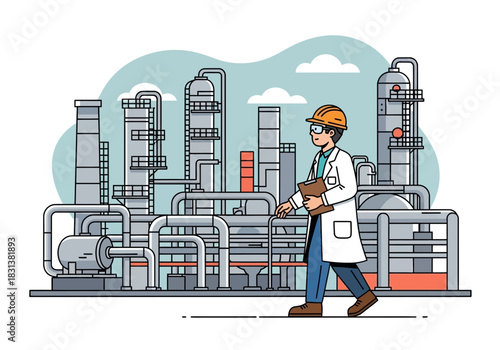 Scientist inspects industrial complex with pipes and towers.