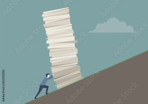 Person pushing a massive stack of papers up a steep incline.