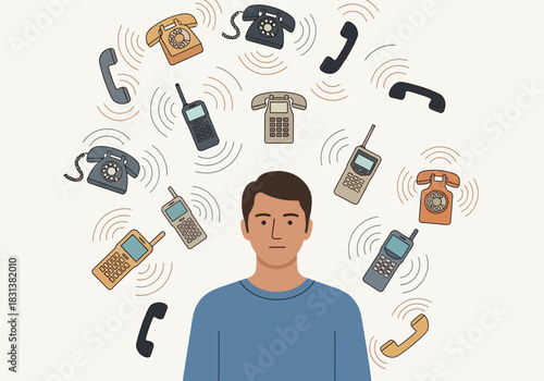 Man surrounded by various ringing telephones and communication devices.
