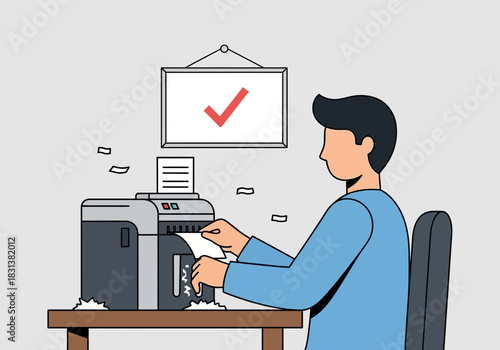 Man using a printer with paper output and a checkmark sign.