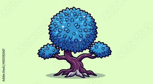 Stylized Blue Tree with Gnarled Trunk and Lush Foliage.