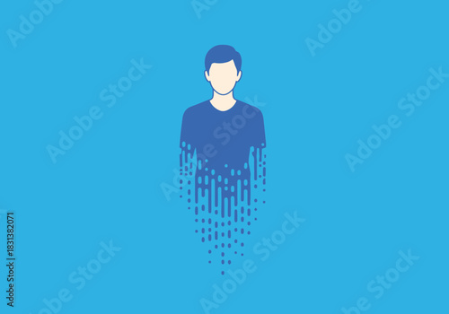 A stylized person dissolving into digital code elements.