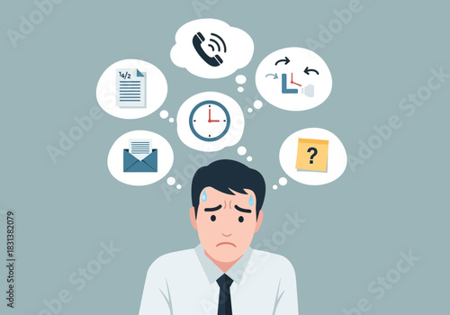 Man overwhelmed by work tasks and communication symbols.