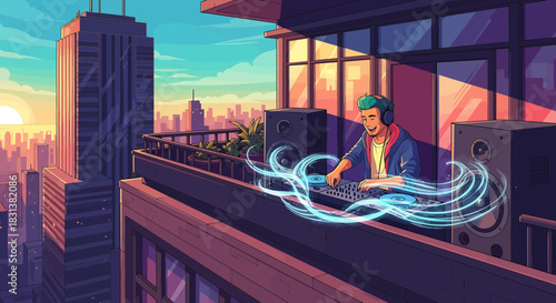 Urban Beats: A DJ's Rooftop Performance Against a Stunning Cityscape Backdrop