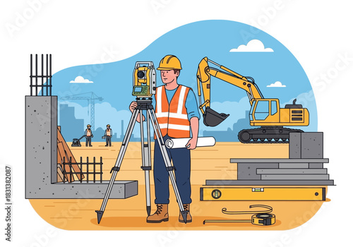 Surveyor with equipment at construction site with excavator and building materials.