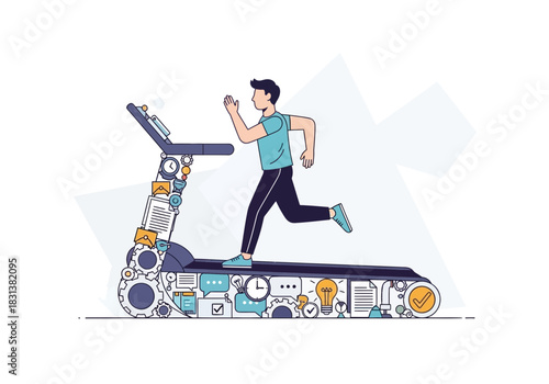 Man running on a treadmill with intricate mechanical details.