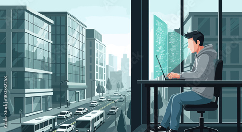 Focused coder engrossed in programming work with urban cityscape backdrop
