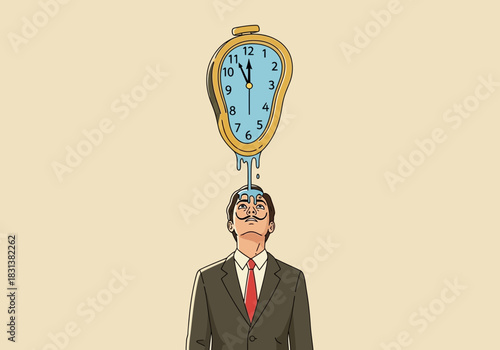 Distorted clock melts onto man's head, symbolizing time pressure.