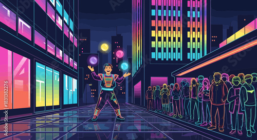 Neon City Juggler Thrills Onlookers with Glowing Balls in a Retro-Futuristic Setting
