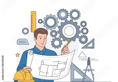 Engineer reviewing blueprints with gears and tools, symbolizing planning.