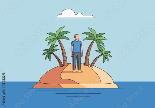 Man stands on a small island with palm trees surrounded by water.
