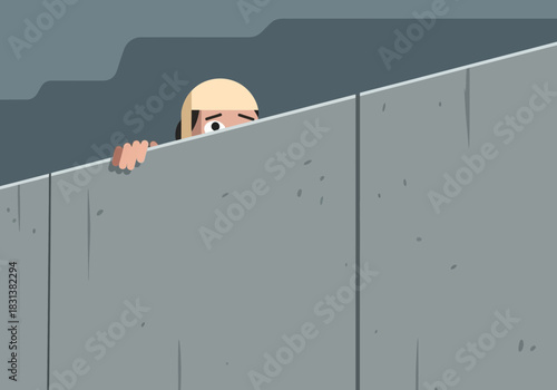 Person peeking over a concrete wall with a hand gripping the edge.