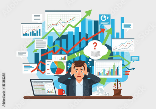 Man stressed by complex financial charts and data overload.
