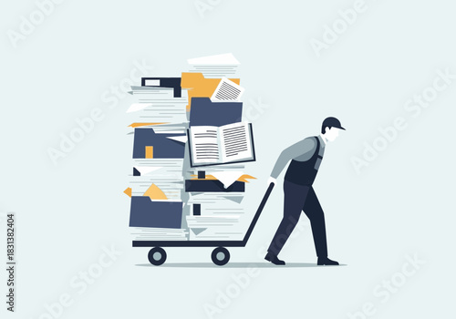 Person pushing a cart overloaded with paper documents and files.