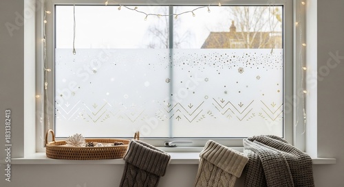 Cozy Winter Window Scene with Decorative Film and Knitted Items.