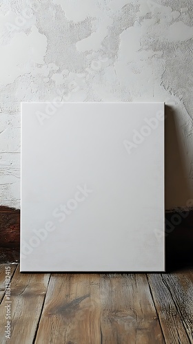 Square white canvas mockup on rustic wooden floor against textured white wall surface