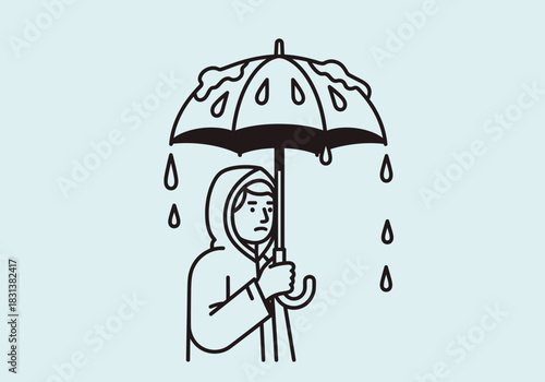 Person in raincoat holding umbrella with falling raindrops.