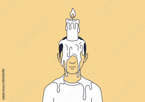 Person with melting candle on head, dripping wax.