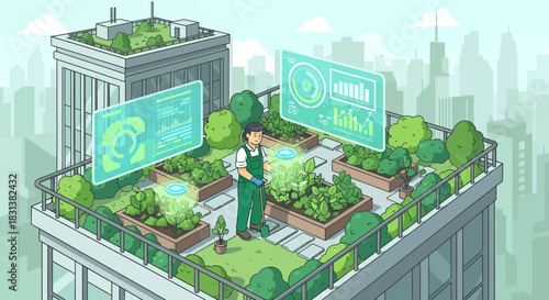 Futuristic urban rooftop farming concept with digital monitoring interfaces
