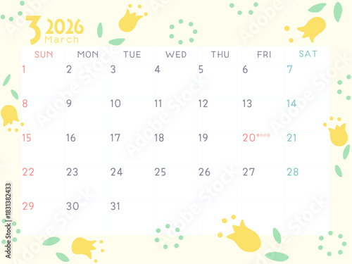 てがきでかわいい2026年3月のカレンダー　チューリップ