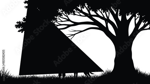 Camping silhouette scene, tent and tree, outdoor nature illustration, black vector, forest canopy, grassy ground, peaceful moment, wilderness concept, adventure vibe