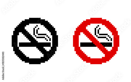 Pixel art no smoking sign icon. presented in both black and red variations. sticker retro style.